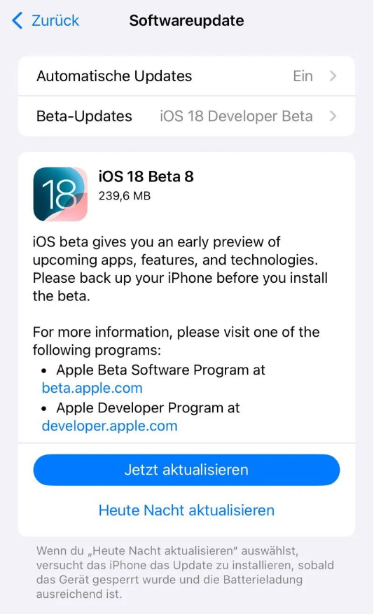 麦盖提苹果手机维修分享苹果 iOS / iPadOS 18 开发者预览版 Beta 8 发布 